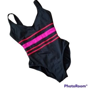 VTG Cole Of California Black Pink Red Stripes One Piece Swimsuit. Women's Medium